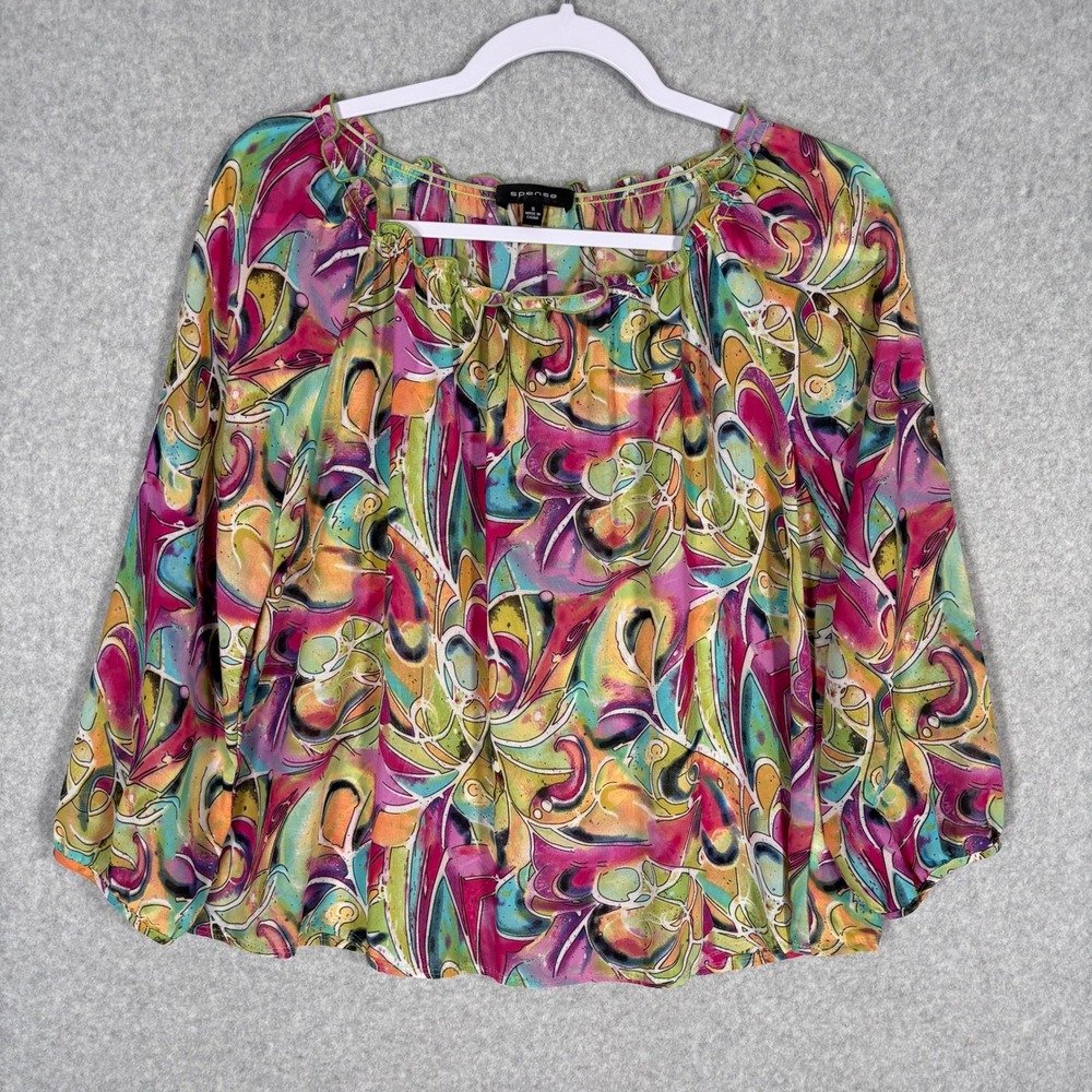 Sheer Artsy Abstract Blouse Small Ruffle Neck Pleated Flowy Retro Maximalist